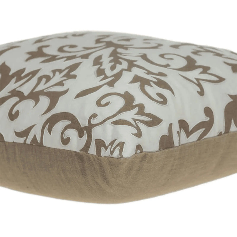 Beige and cream decorative pillow with intricate damask pattern, ideal for modern or traditional home decor.