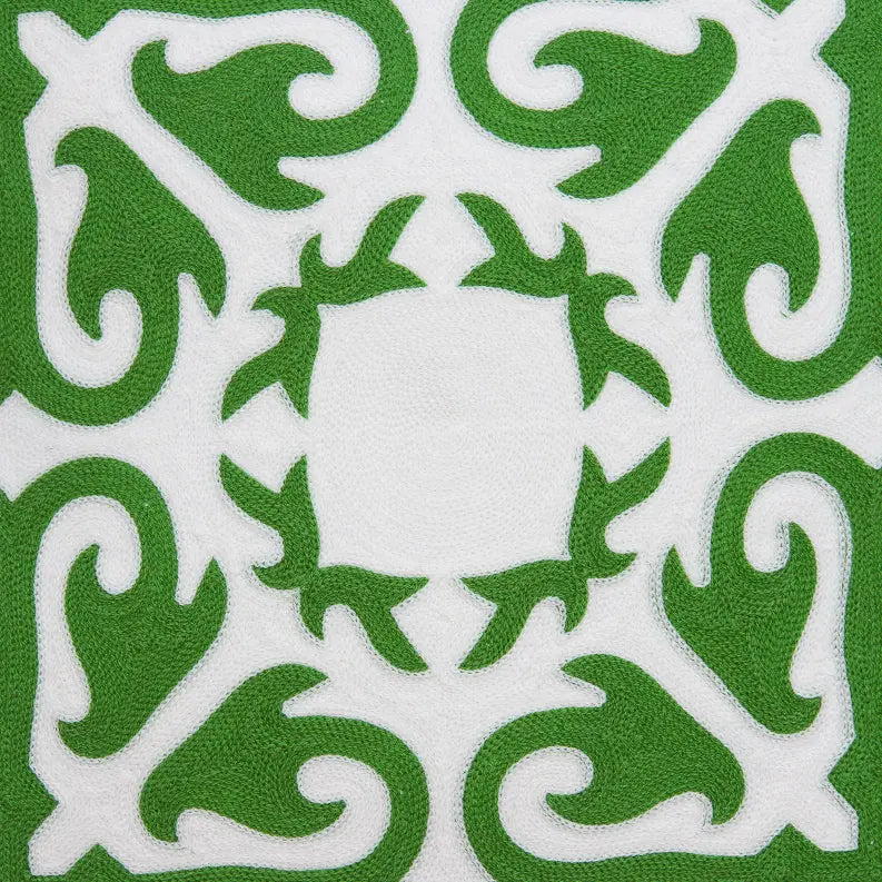 Green and white decorative tablecloth with intricate swirl patterns, crafted from durable cotton for a vibrant dining experience.