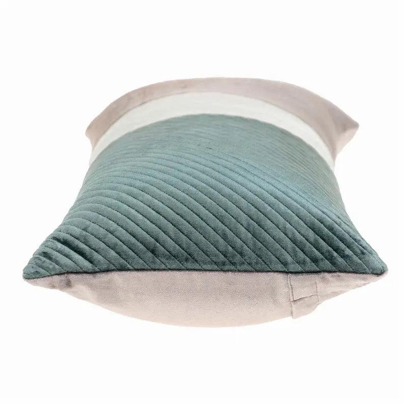 Textured green and cream striped velvet pillow, stylish home decor accent, plush and inviting.