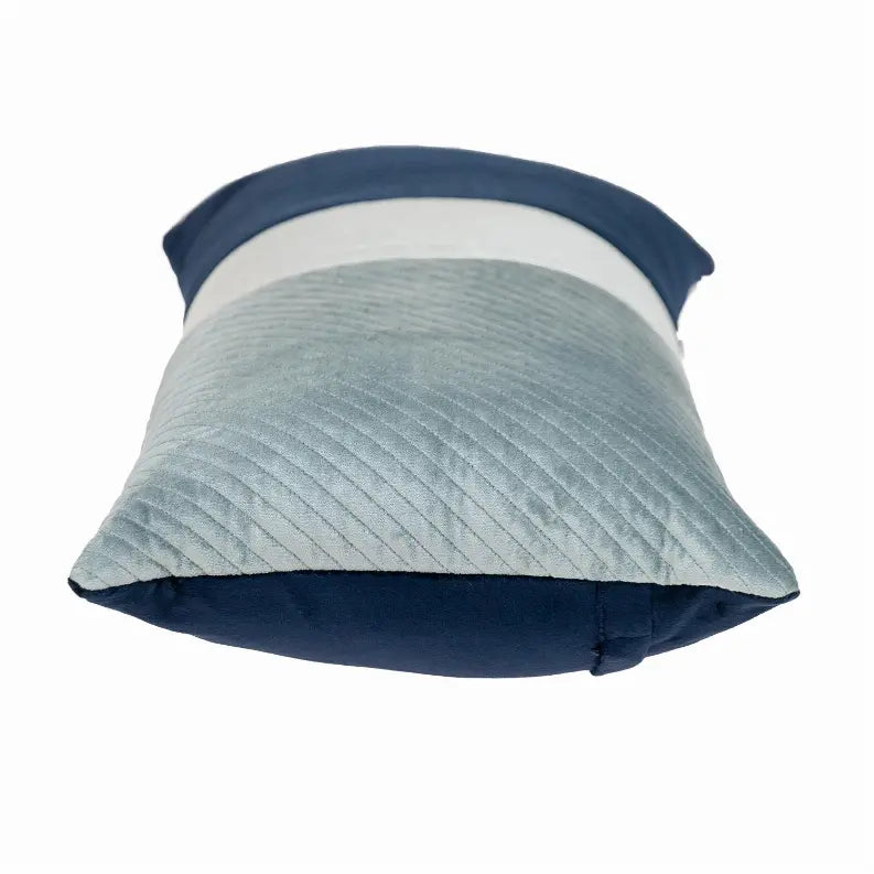 Blue and gray striped velvet accent pillow, featuring a textured design, ideal for modern home decor.