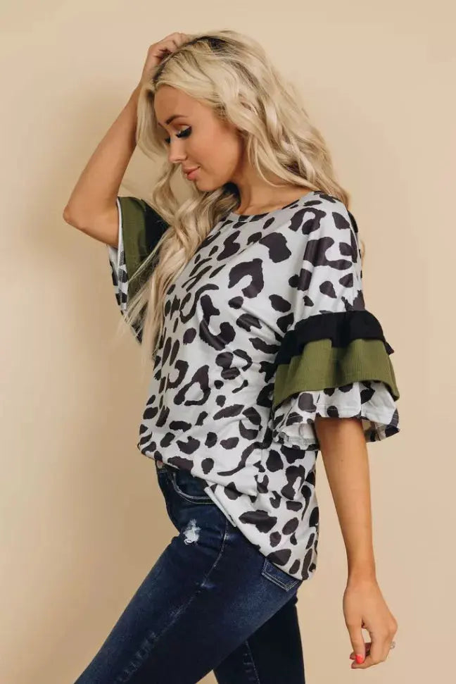 Patricia Leopard Ruffle Sleeve Top Stay Warm in Style