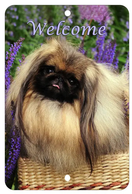Welcome sign featuring a fluffy tan Pekingese dog in a floral setting, perfect for pet lovers.