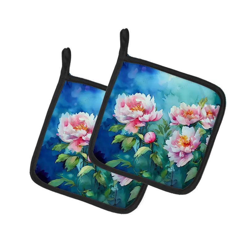 Peonies in Watercolor Pair of Pot Holders Caroline's Treasures