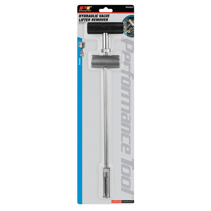 Hydraulic valve lifter remover tool, silver steel with black rubber handle, ideal for automotive repair tasks.
