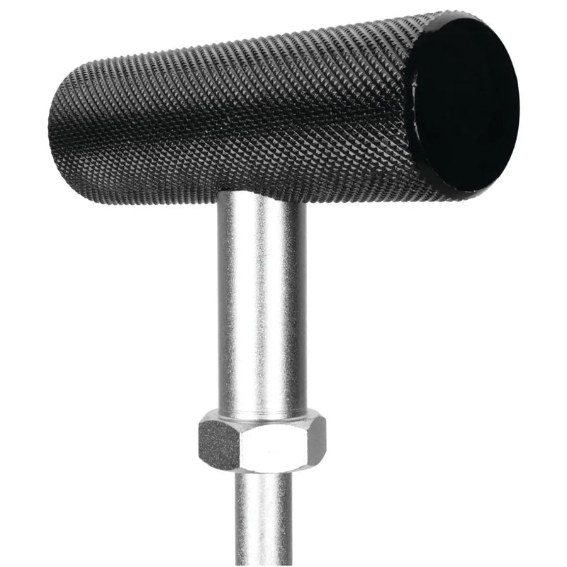 Black knurled handle T-handle tool with chrome-plated steel shaft for enhanced grip and durability in automotive work.