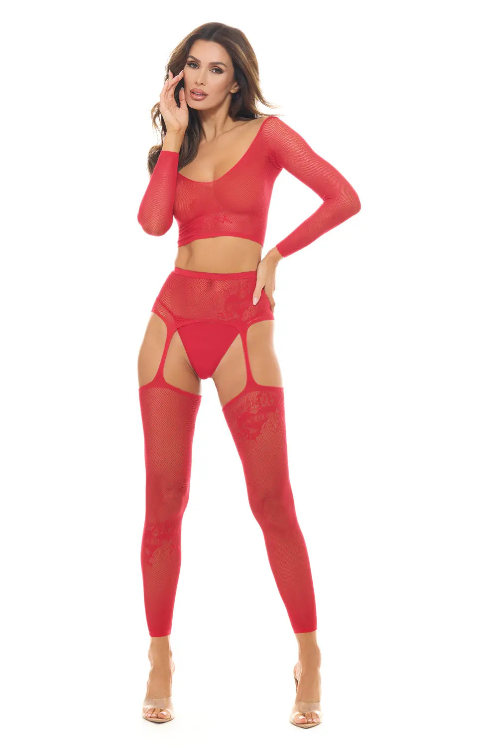 Permanent Mark Long Sleeve Top and Garter Bodystocking Red - Os - GreatEagleInc