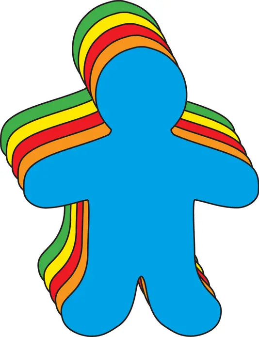 Blue paper-cutout figure with layered rainbow colors (red, orange, yellow, green) for crafts or educational activities.