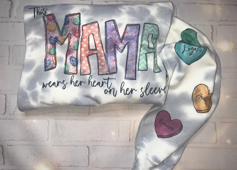 Personalized Mama Conversation Heart Sweatshirt with Sleeve Design- Other titles available The Blended Owl
