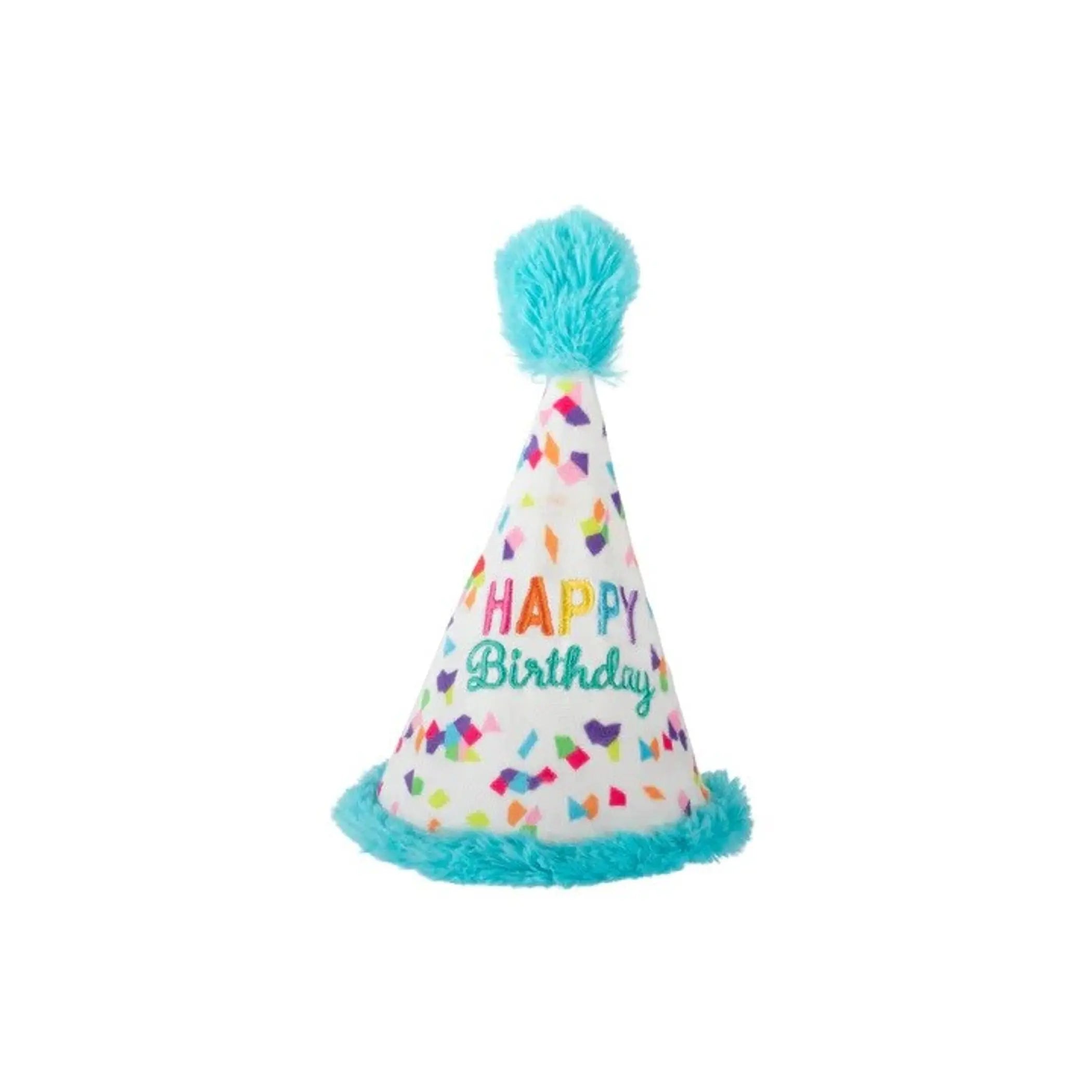 Bright blue birthday party hat with colorful confetti design and furry trim, featuring “Happy Birthday” text.
