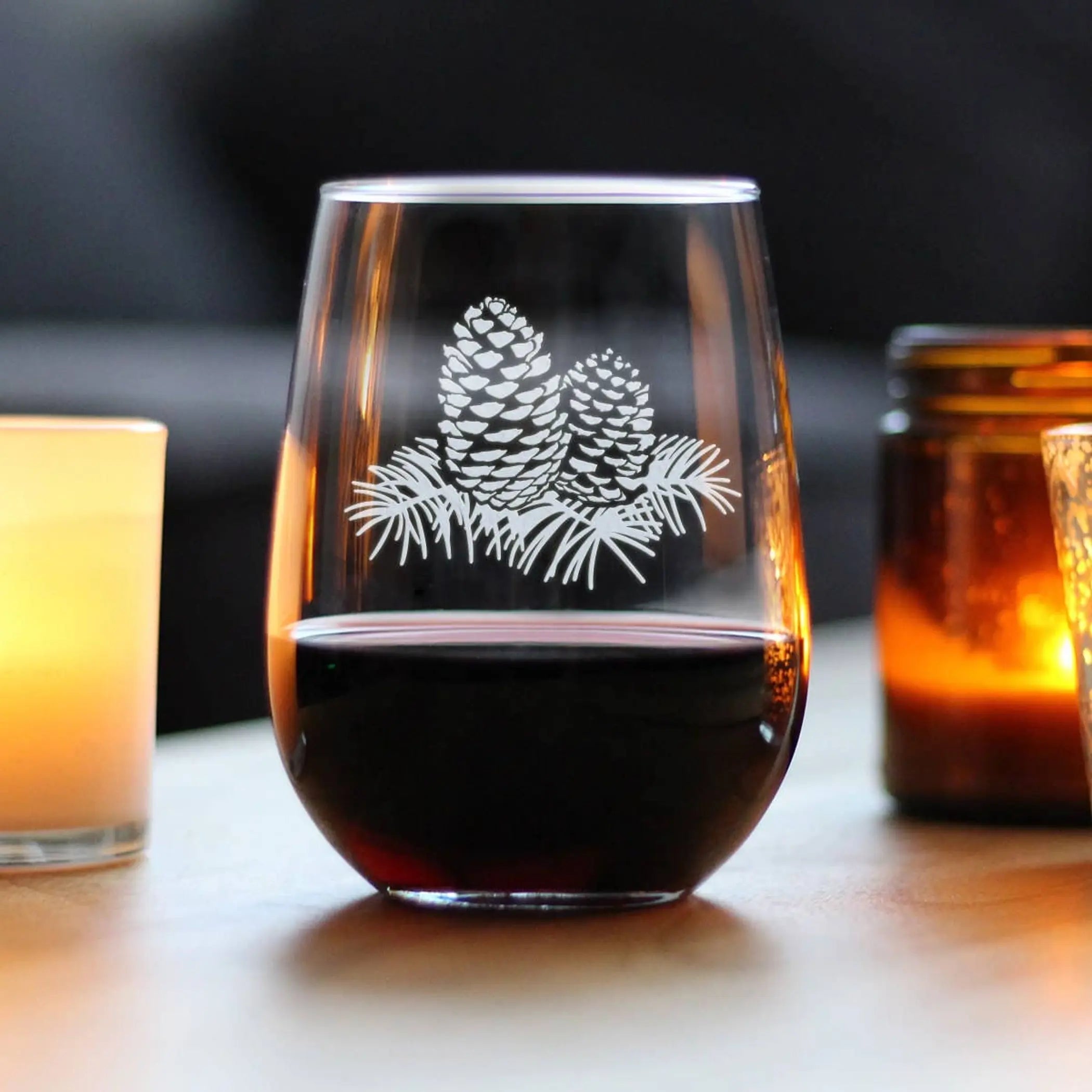 Pinecones Stemless Wine Glass - Pine Cone Gifts and Decor Bevvee