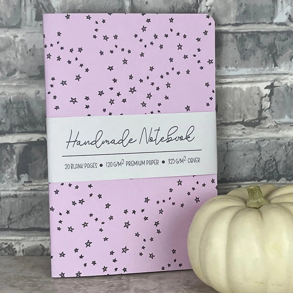 Pink Doodle Stars - A5 ish size Handmade Saddle Bound Notebook Art by Erica H