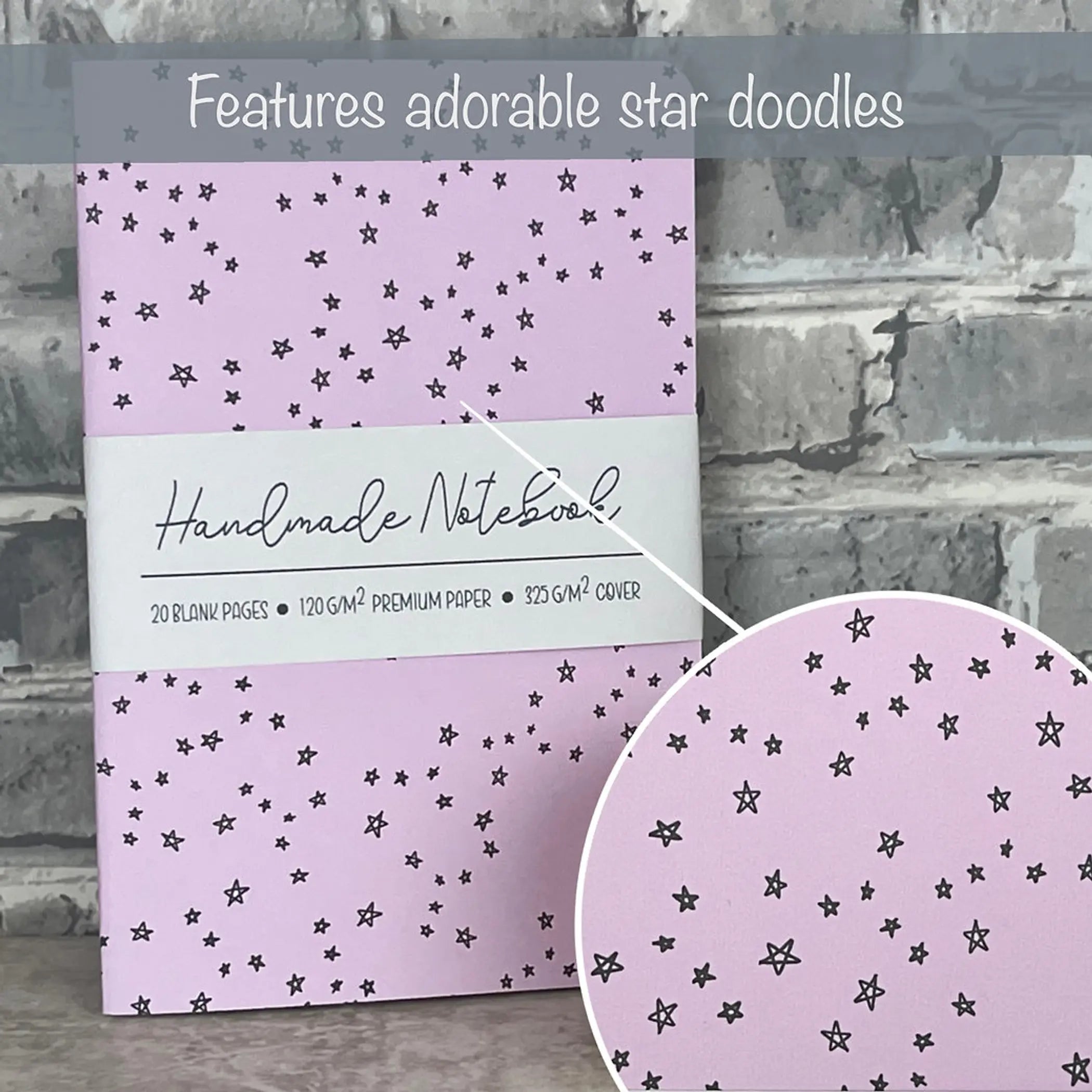 Pink Doodle Stars - A5 ish size Handmade Saddle Bound Notebook Art by Erica H