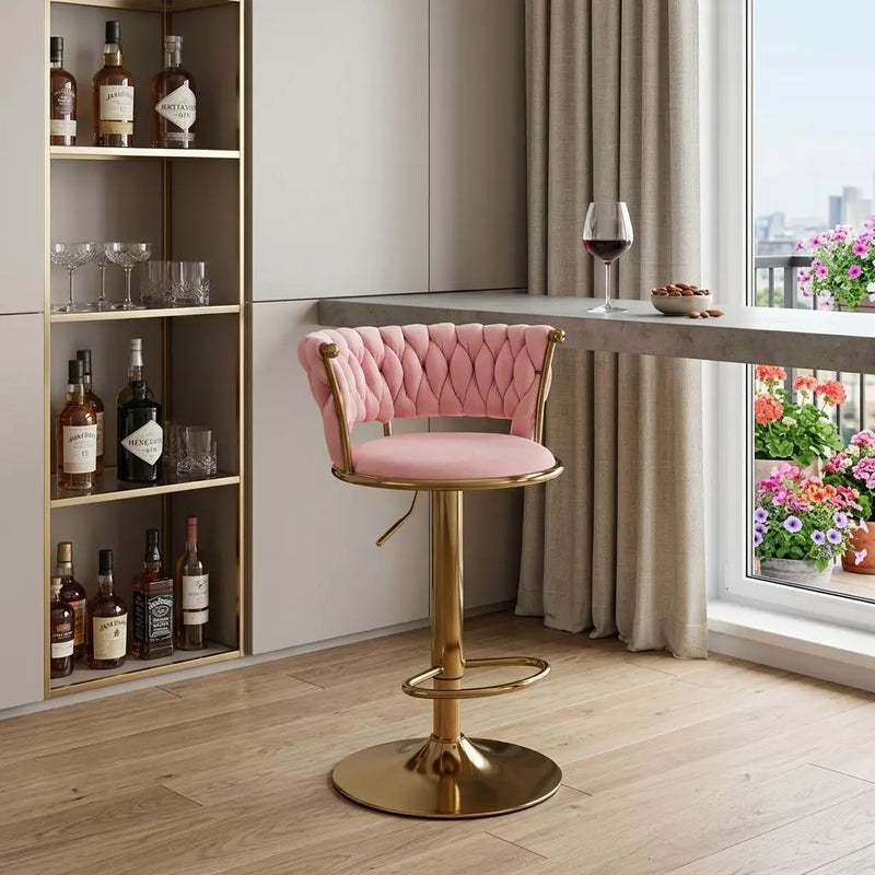 Pink and Gold Velvet and Metal Low Back Adjustable Height Swivel Bar Chair Homeroots Living Room