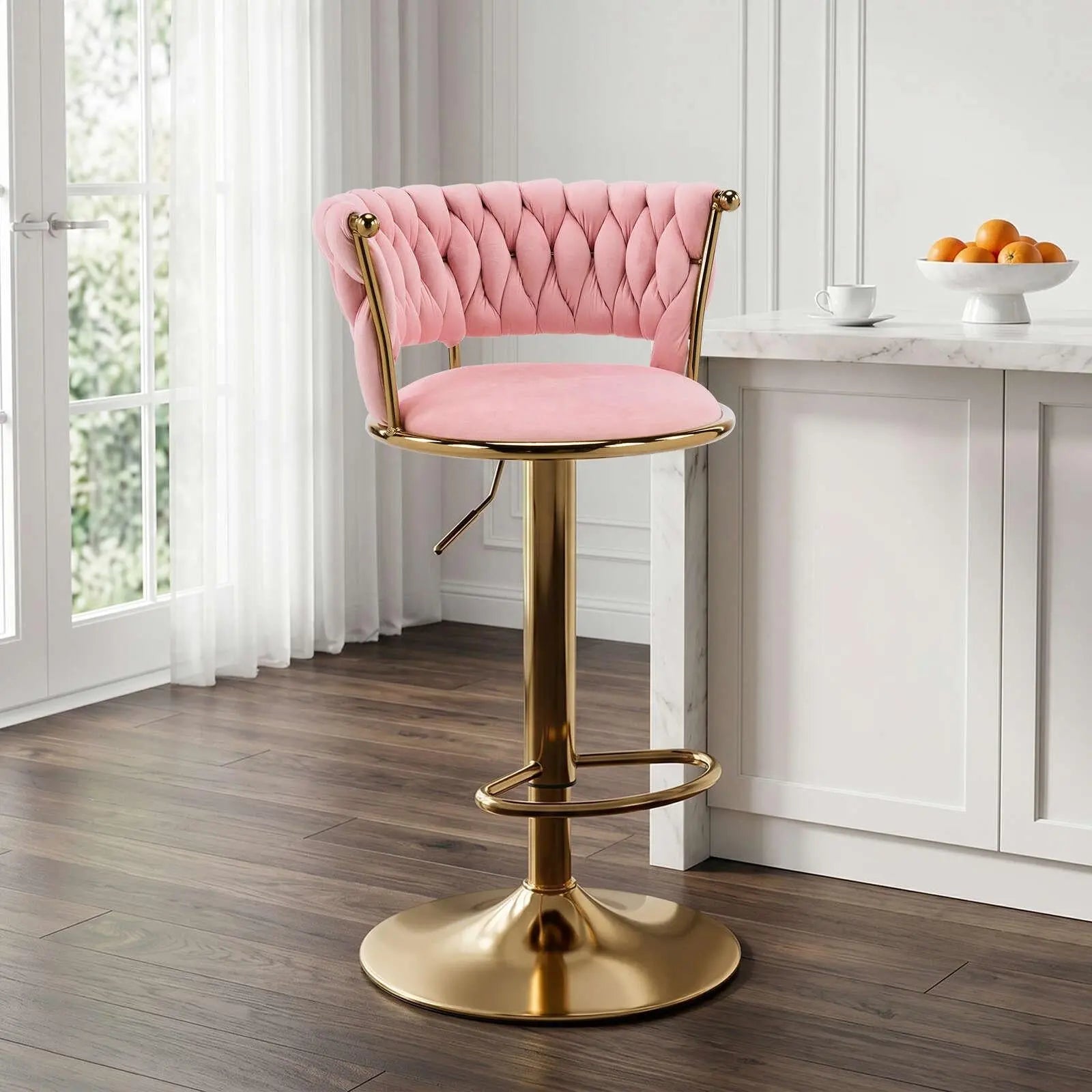 Pink and Gold Velvet and Metal Low Back Adjustable Height Swivel Bar Chair Homeroots Living Room