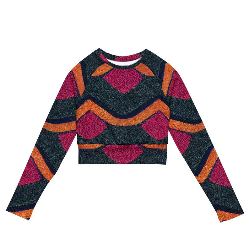 Pink and Green African Ankara Print Recycled Polyester Women's Long Sleeve Crop Top Adirelounge