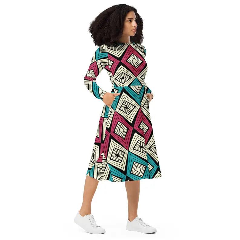Pink and Green Print Long Sleeve Midi Dress Adirelounge
