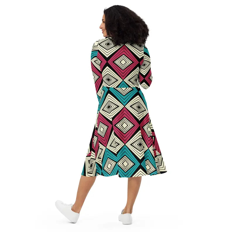 Pink and Green Print Long Sleeve Midi Dress Adirelounge