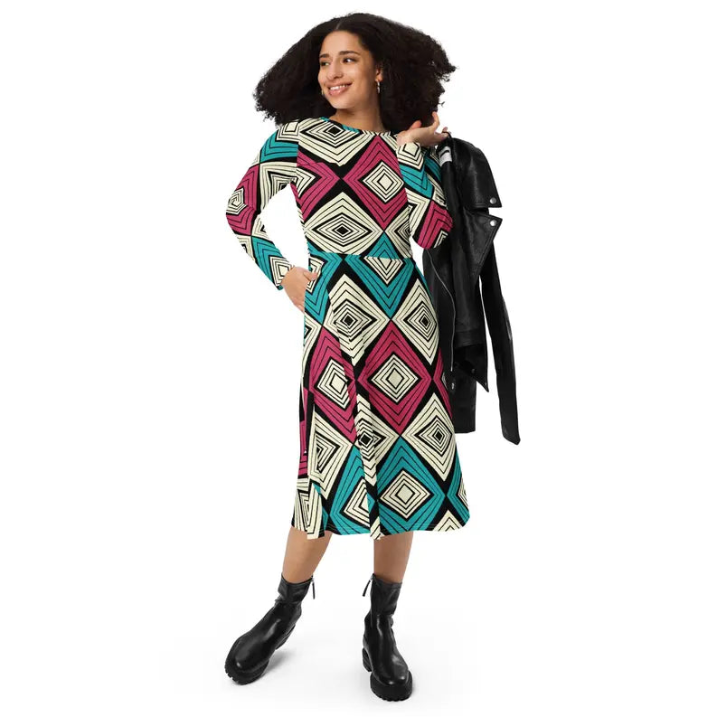 Pink and Green Print Long Sleeve Midi Dress Adirelounge