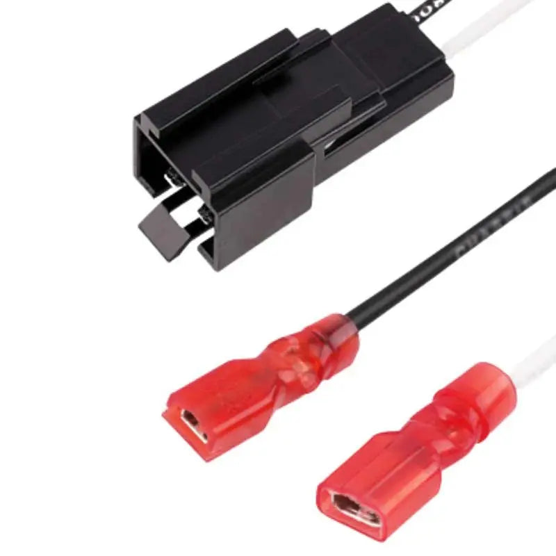 Black automotive connector with red wire terminals, designed for reliable electrical connections in vehicles.