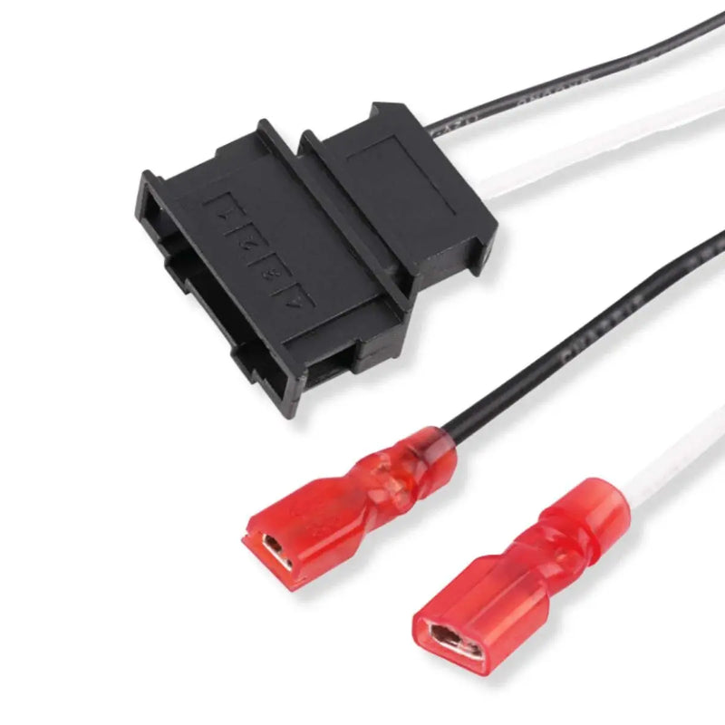 Black male connector with red and white wires, featuring red crimp terminals for secure electrical connections.