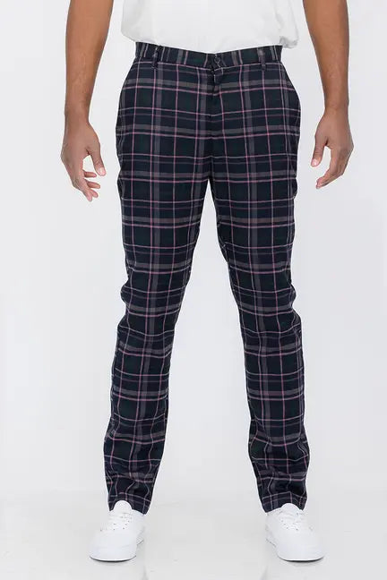 Men's navy plaid trousers with purple accents, tailored fit, and lightweight fabric. Perfect for stylish casual wear.