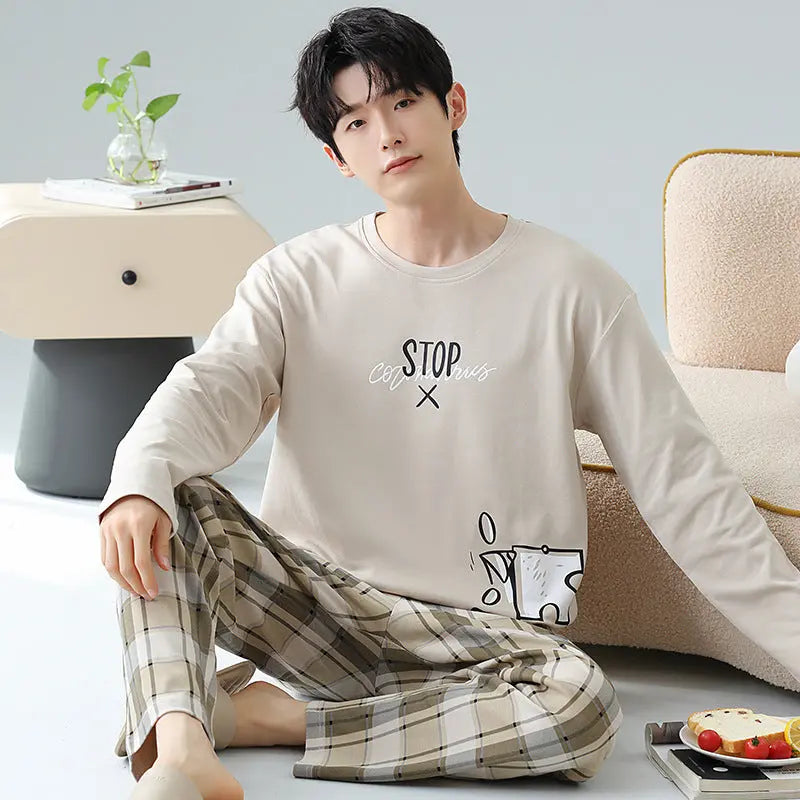 Plus Size 5XL 100% Cotton Men's Long-Sleeved Pajamas Spring & Fall Long-Sleeved 105kg Can Be Worn Outside Home Clothes Set GreatEagleInc