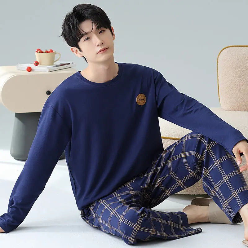 Plus Size 5XL 100% Cotton Men's Long-Sleeved Pajamas Spring & Fall Long-Sleeved 105kg Can Be Worn Outside Home Clothes Set GreatEagleInc