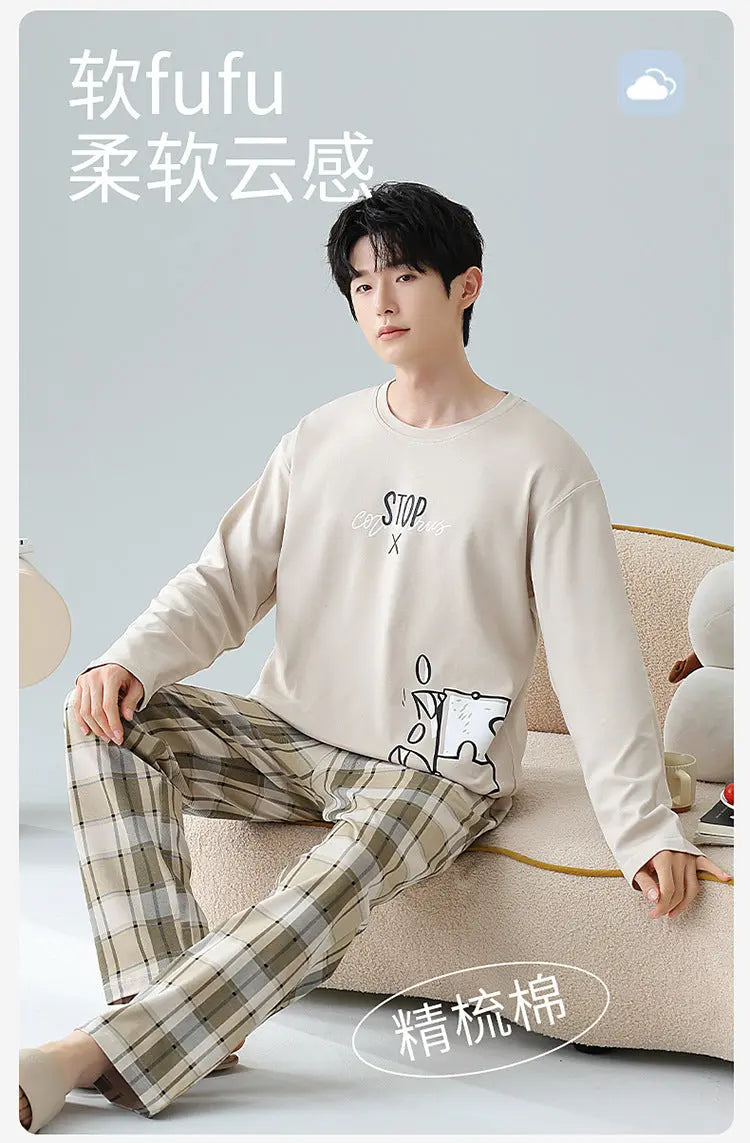 Plus Size 5XL 100% Cotton Men's Long-Sleeved Pajamas Spring & Fall Long-Sleeved 105kg Can Be Worn Outside Home Clothes Set GreatEagleInc