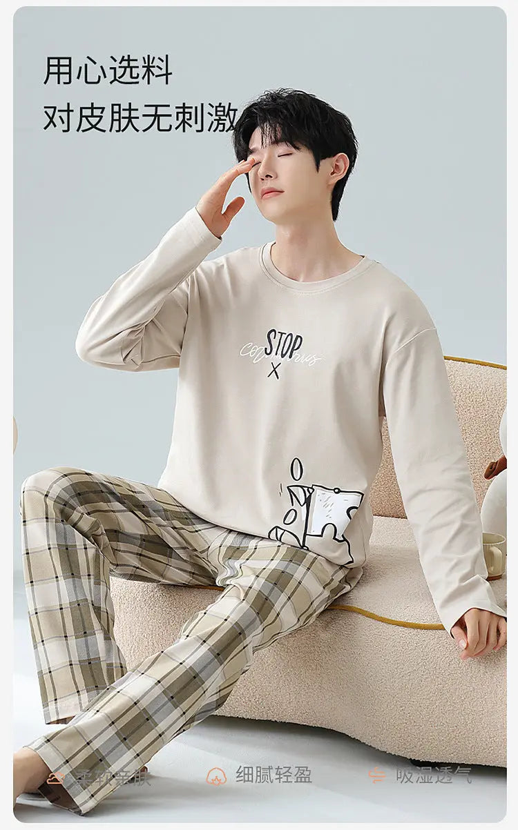 Plus Size 5XL 100% Cotton Men's Long-Sleeved Pajamas Spring & Fall Long-Sleeved 105kg Can Be Worn Outside Home Clothes Set GreatEagleInc