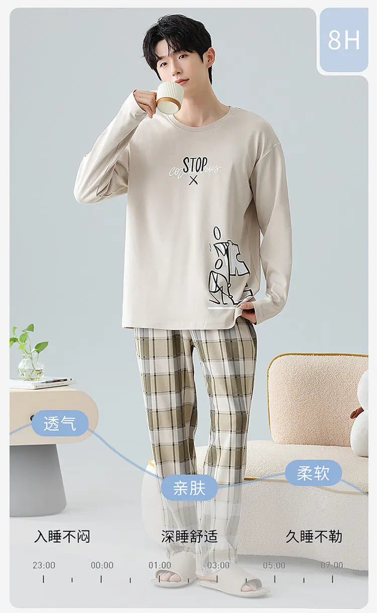 Plus Size 5XL 100% Cotton Men's Long-Sleeved Pajamas Spring & Fall Long-Sleeved 105kg Can Be Worn Outside Home Clothes Set GreatEagleInc