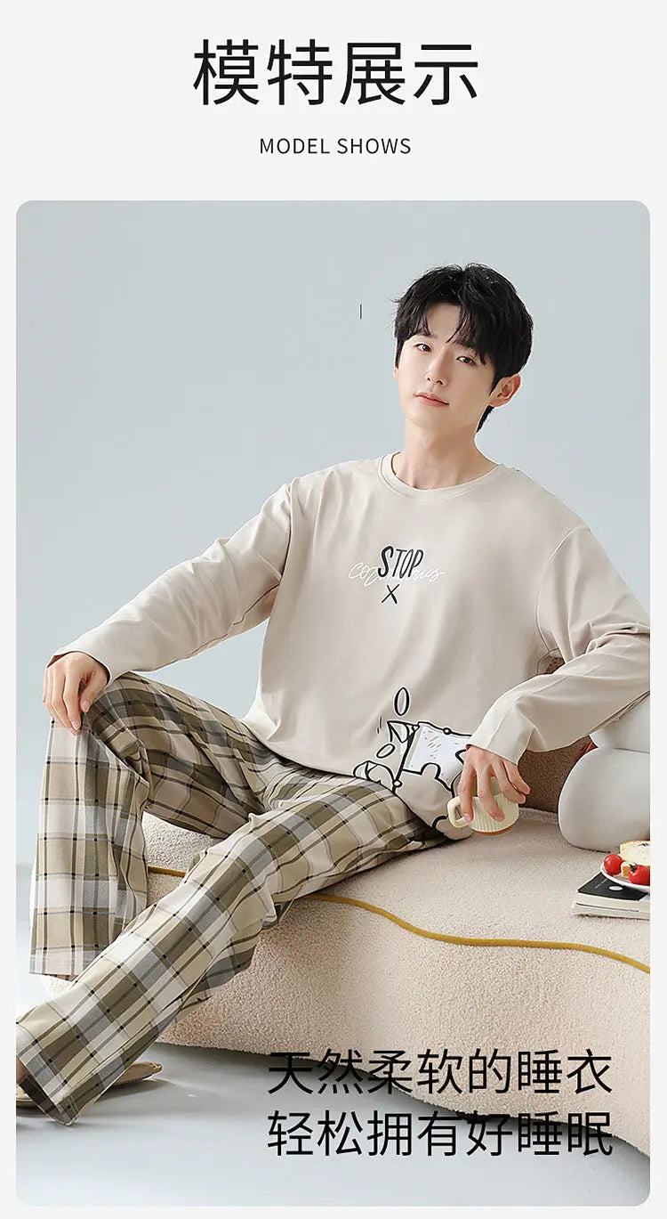 Plus Size 5XL 100% Cotton Men's Long-Sleeved Pajamas Spring & Fall Long-Sleeved 105kg Can Be Worn Outside Home Clothes Set GreatEagleInc