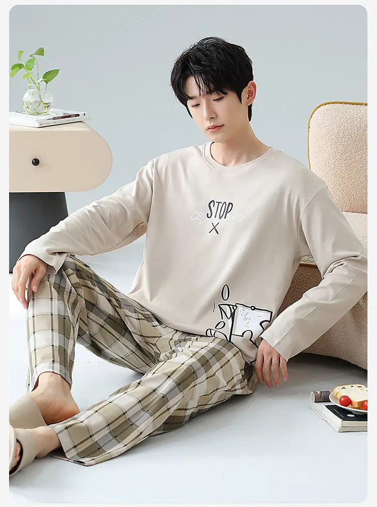 Plus Size 5XL 100% Cotton Men's Long-Sleeved Pajamas Spring & Fall Long-Sleeved 105kg Can Be Worn Outside Home Clothes Set GreatEagleInc