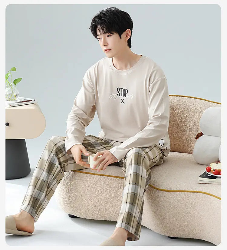 Plus Size 5XL 100% Cotton Men's Long-Sleeved Pajamas Spring & Fall Long-Sleeved 105kg Can Be Worn Outside Home Clothes Set GreatEagleInc