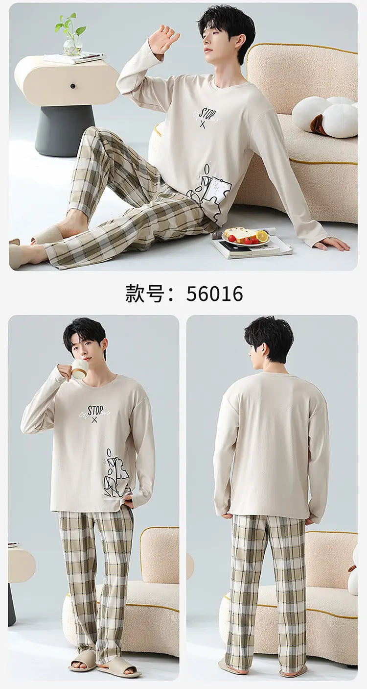 Plus Size 5XL 100% Cotton Men's Long-Sleeved Pajamas Spring & Fall Long-Sleeved 105kg Can Be Worn Outside Home Clothes Set GreatEagleInc
