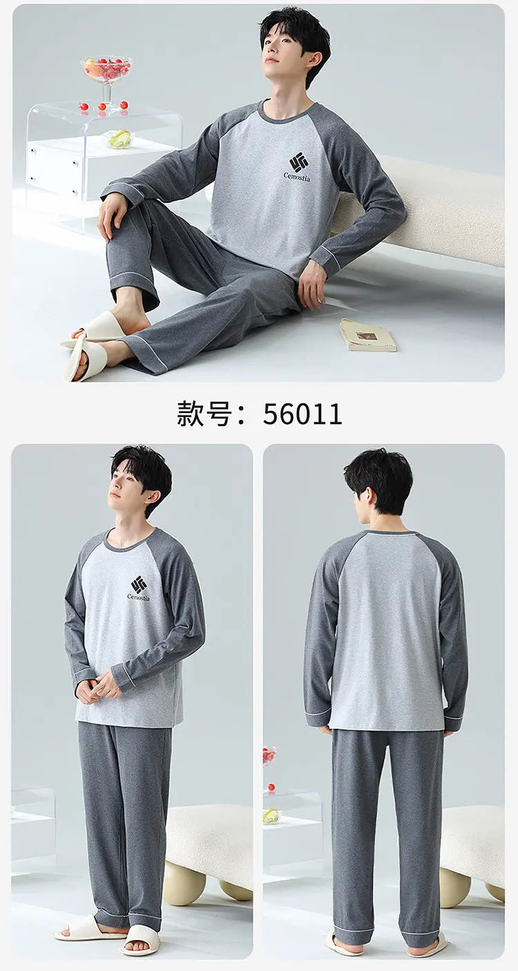 Plus Size 5XL 100% Cotton Men's Long-Sleeved Pajamas Spring & Fall Long-Sleeved 105kg Can Be Worn Outside Home Clothes Set GreatEagleInc