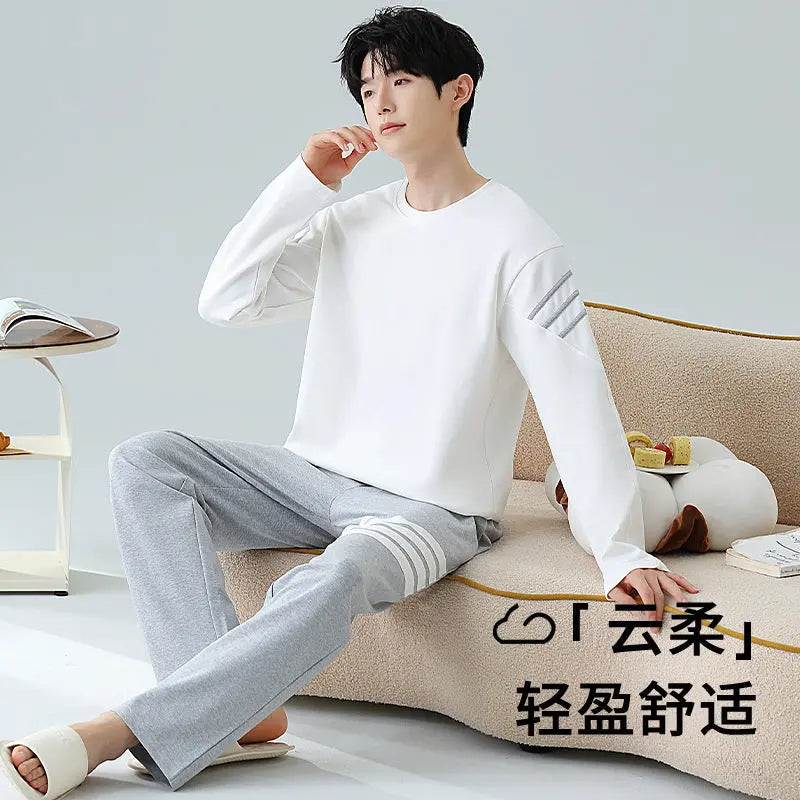 Plus Size 5XL 100% Cotton Men's Long-Sleeved Pajamas Spring & Fall Long-Sleeved 105kg Can Be Worn Outside Home Clothes Set GreatEagleInc