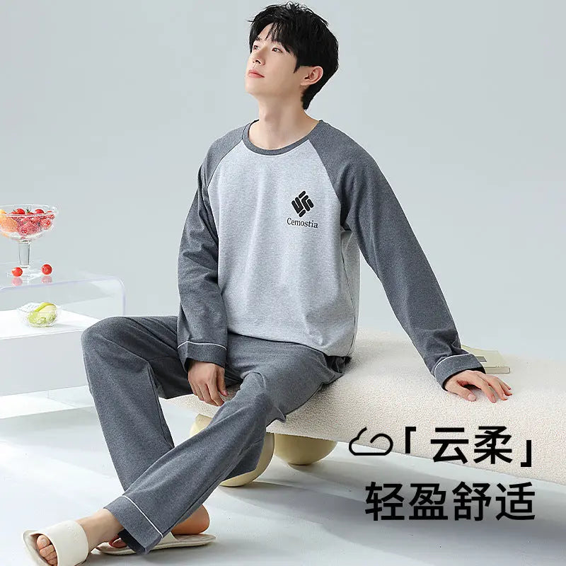 Plus Size 5XL 100% Cotton Men's Long-Sleeved Pajamas Spring & Fall Long-Sleeved 105kg Can Be Worn Outside Home Clothes Set GreatEagleInc