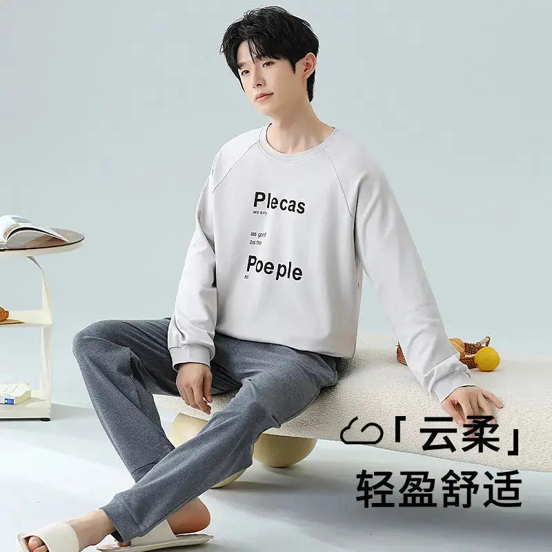 Plus Size 5XL 100% Cotton Men's Long-Sleeved Pajamas Spring & Fall Long-Sleeved 105kg Can Be Worn Outside Home Clothes Set GreatEagleInc