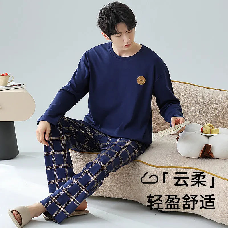 Plus Size 5XL 100% Cotton Men's Long-Sleeved Pajamas Spring & Fall Long-Sleeved 105kg Can Be Worn Outside Home Clothes Set GreatEagleInc