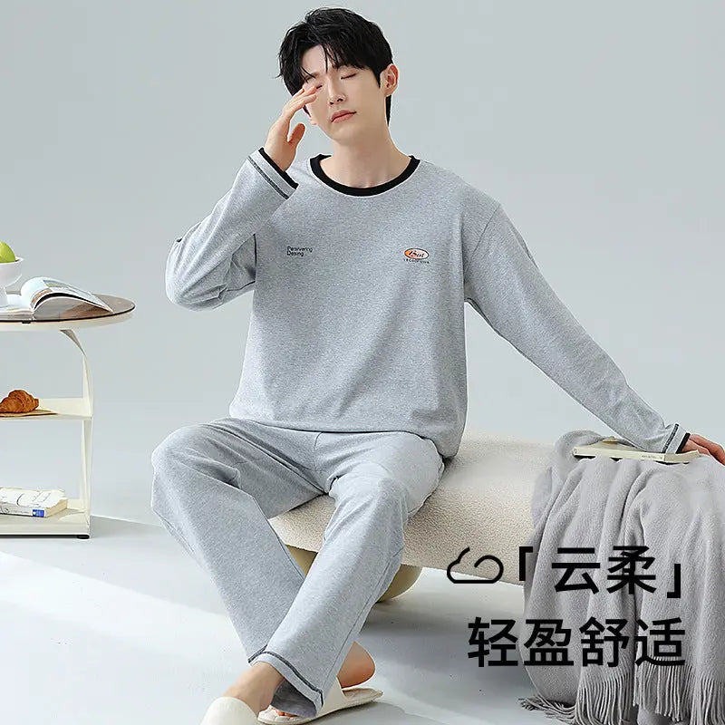 Plus Size 5XL 100% Cotton Men's Long-Sleeved Pajamas Spring & Fall Long-Sleeved 105kg Can Be Worn Outside Home Clothes Set GreatEagleInc