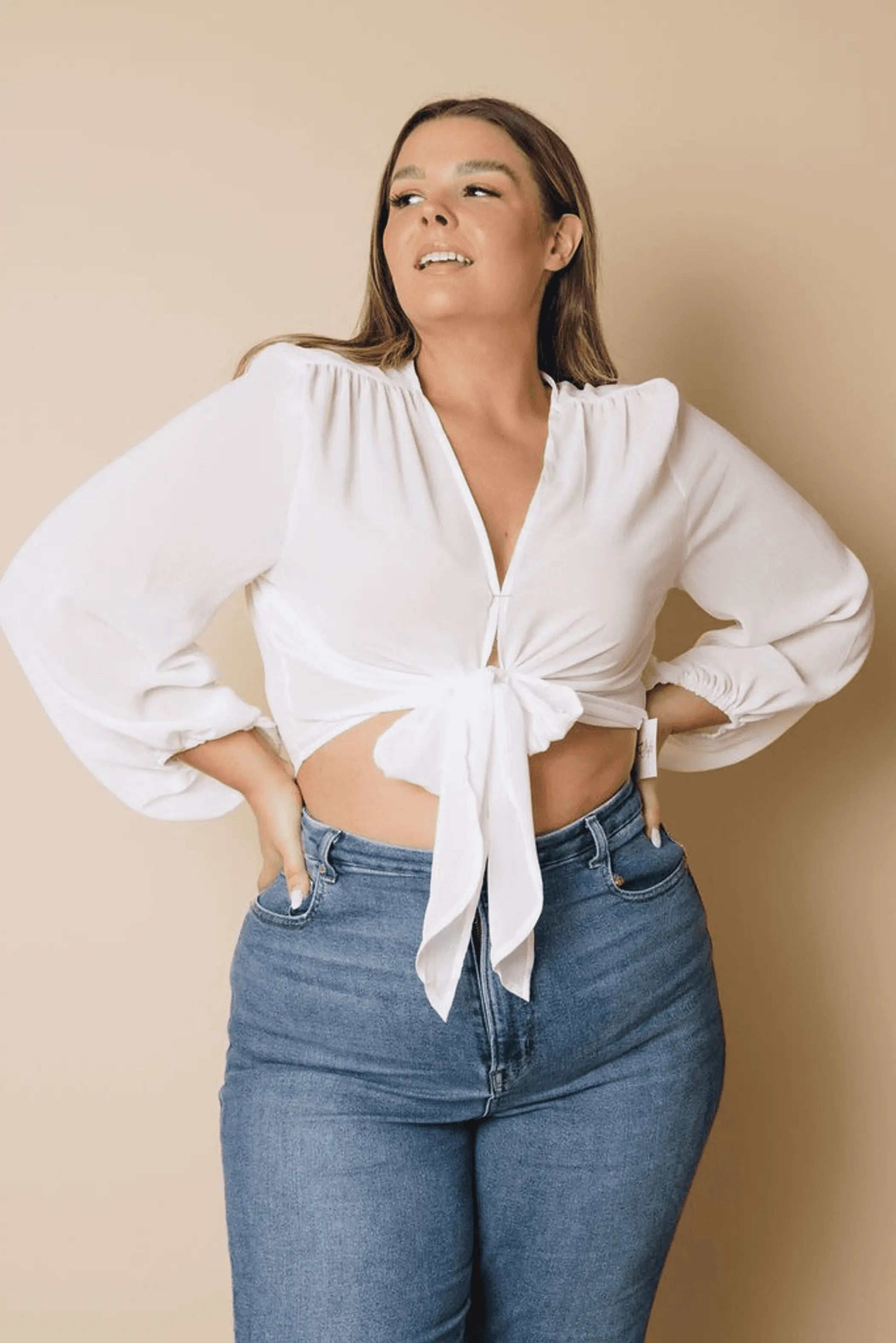 Plus Size Balloon Sleeve Wrap Top Stay Warm in Style