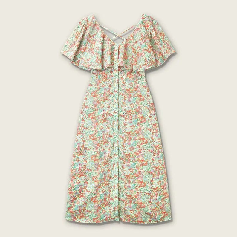Floral off-shoulder midi dress in mint green, featuring ruffle sleeves and a zip closure for a chic summer look.