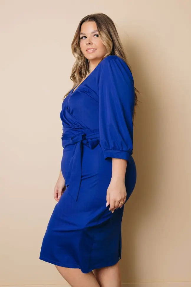 Plus Size Puff Sleeve Wrap V Neck Midi Dress Stay Warm in Style