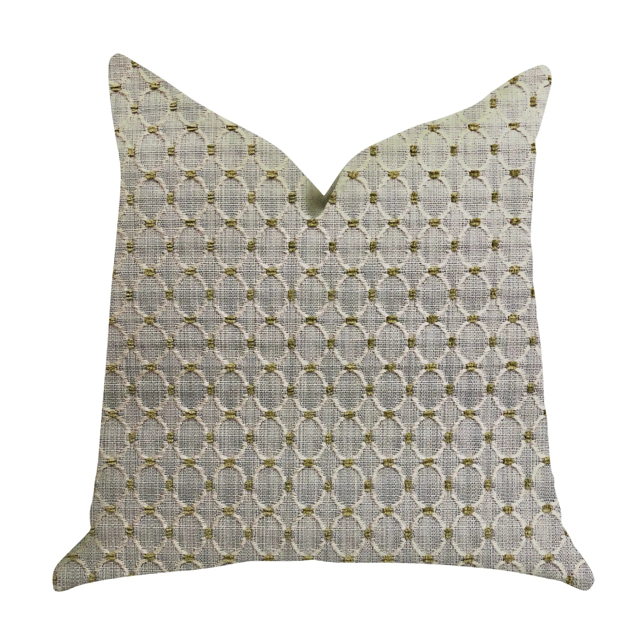 Beige decorative throw pillow with textured geometric pattern and yellow accents, perfect for modern home decor.