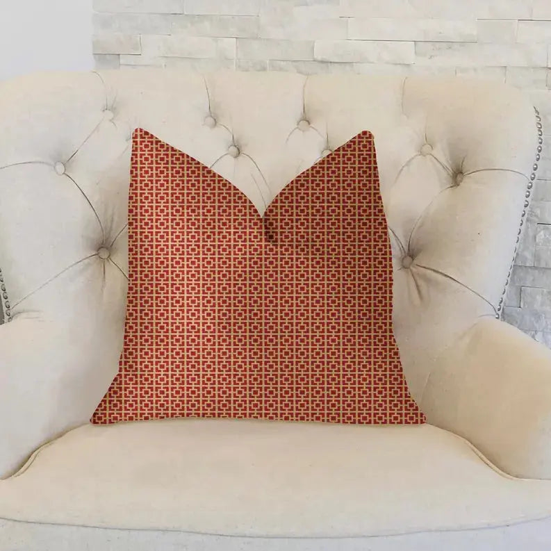 Plutus Crimson Square Red and Beige Luxury Throw Pillow Plutus Brands