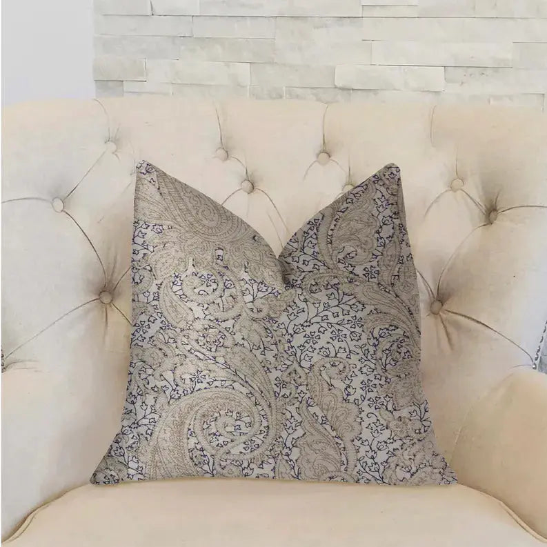 Elegant navy and cream paisley pattern throw pillow made of soft fabric, perfect for home decor accents.