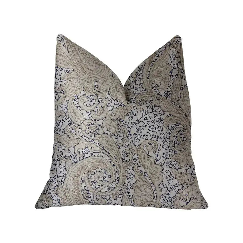 Beige and navy embroidered paisley decorative pillow cover, made of soft cotton fabric. Elegant boho-chic style.