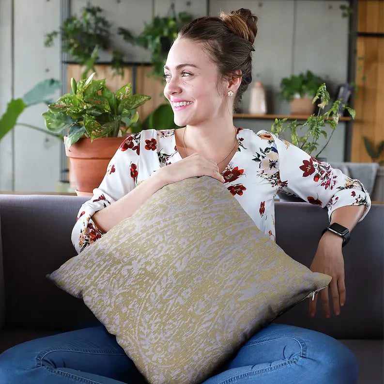Plutus Yellow Golden Leaf Jacquard Luxury Throw Pillow Plutus Brands
