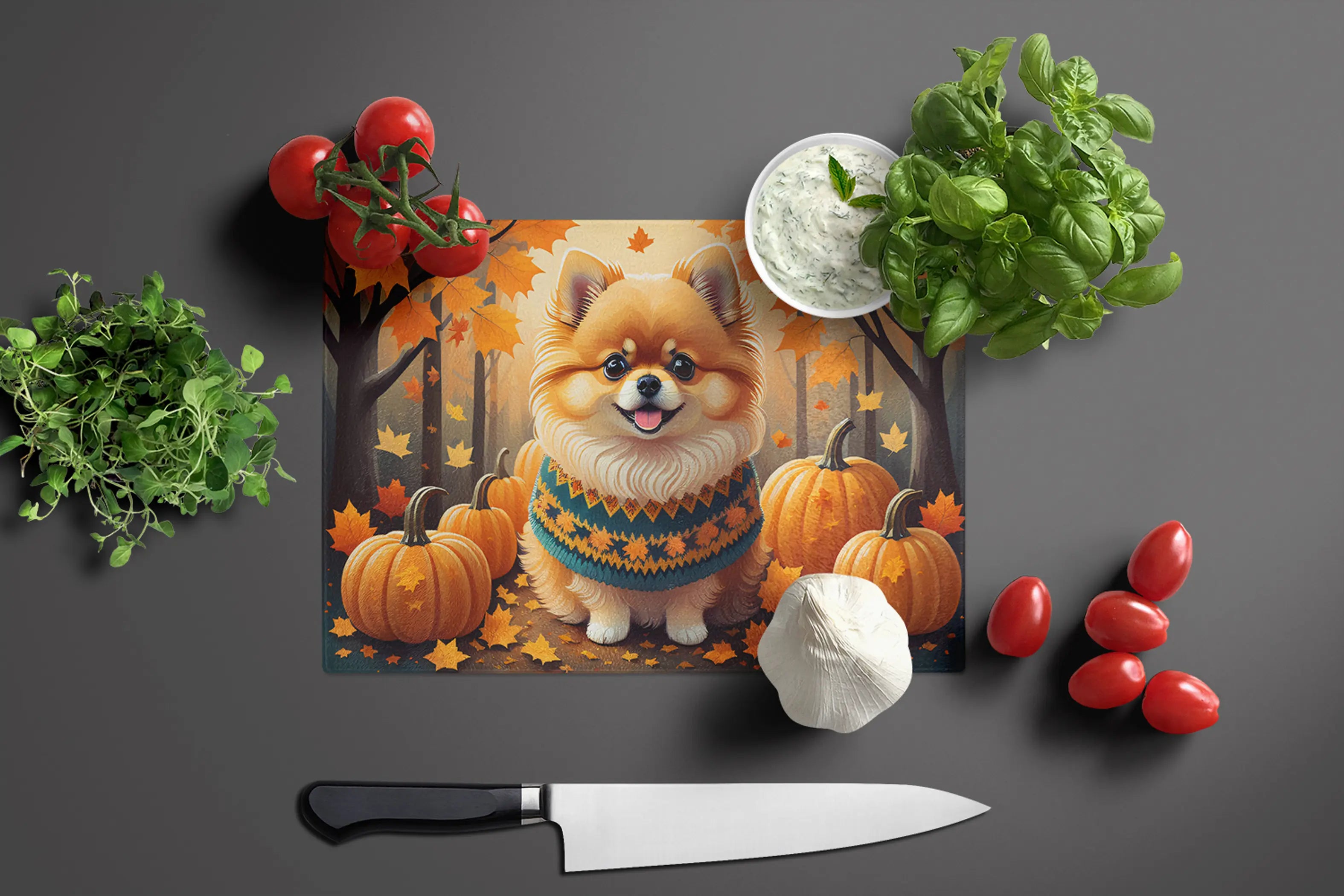 Pomeranian Fall Glass Cutting Board Caroline's Treasures