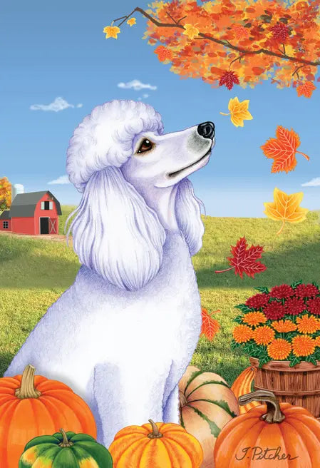 Poodle White- Tomoyo Pitcher Autumn Leaves Outdoor Flag Best of Breed